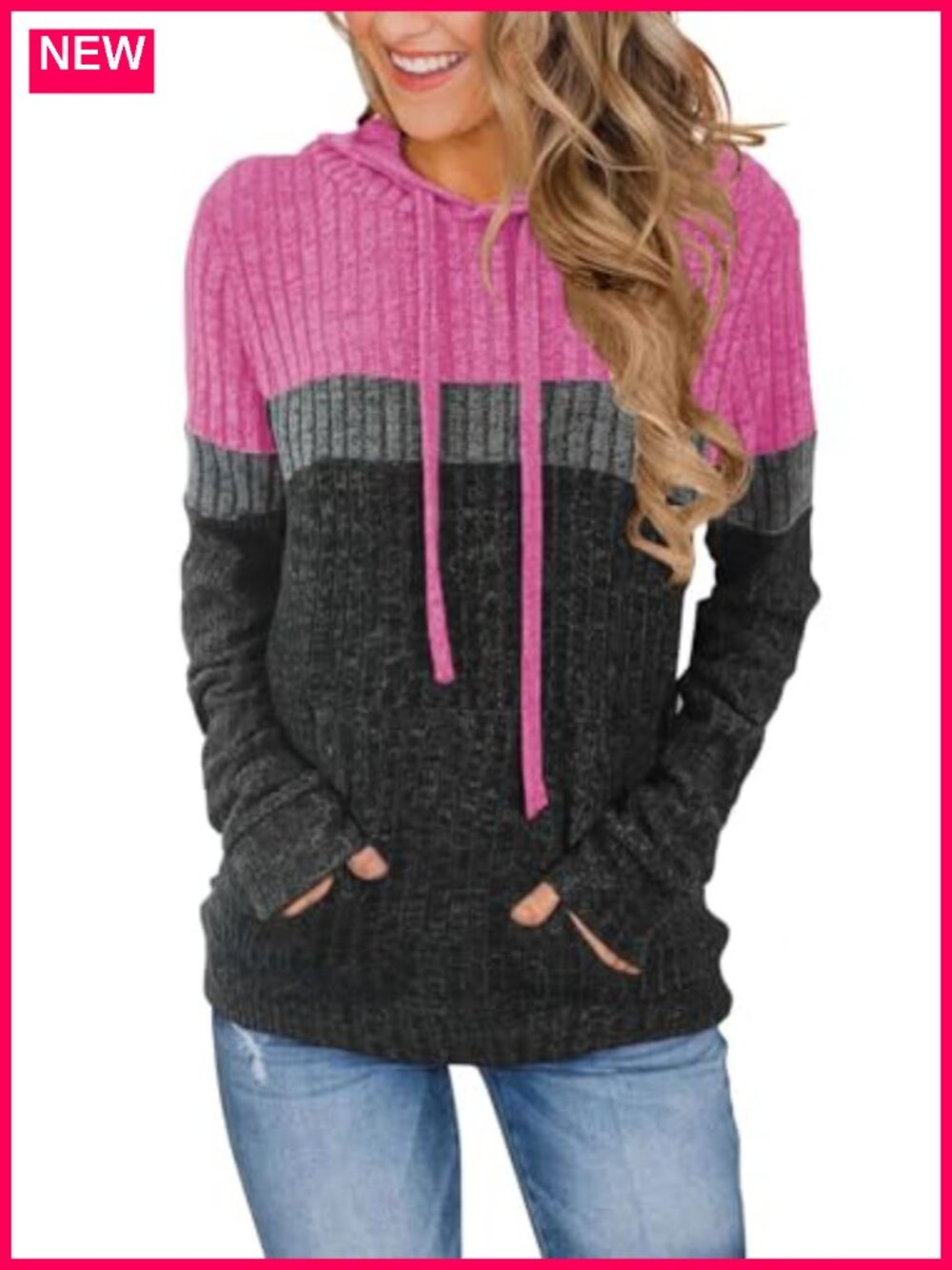 Cozy Knit Ribbed Hoodie Women's Pullover Long Sleeve Tunic